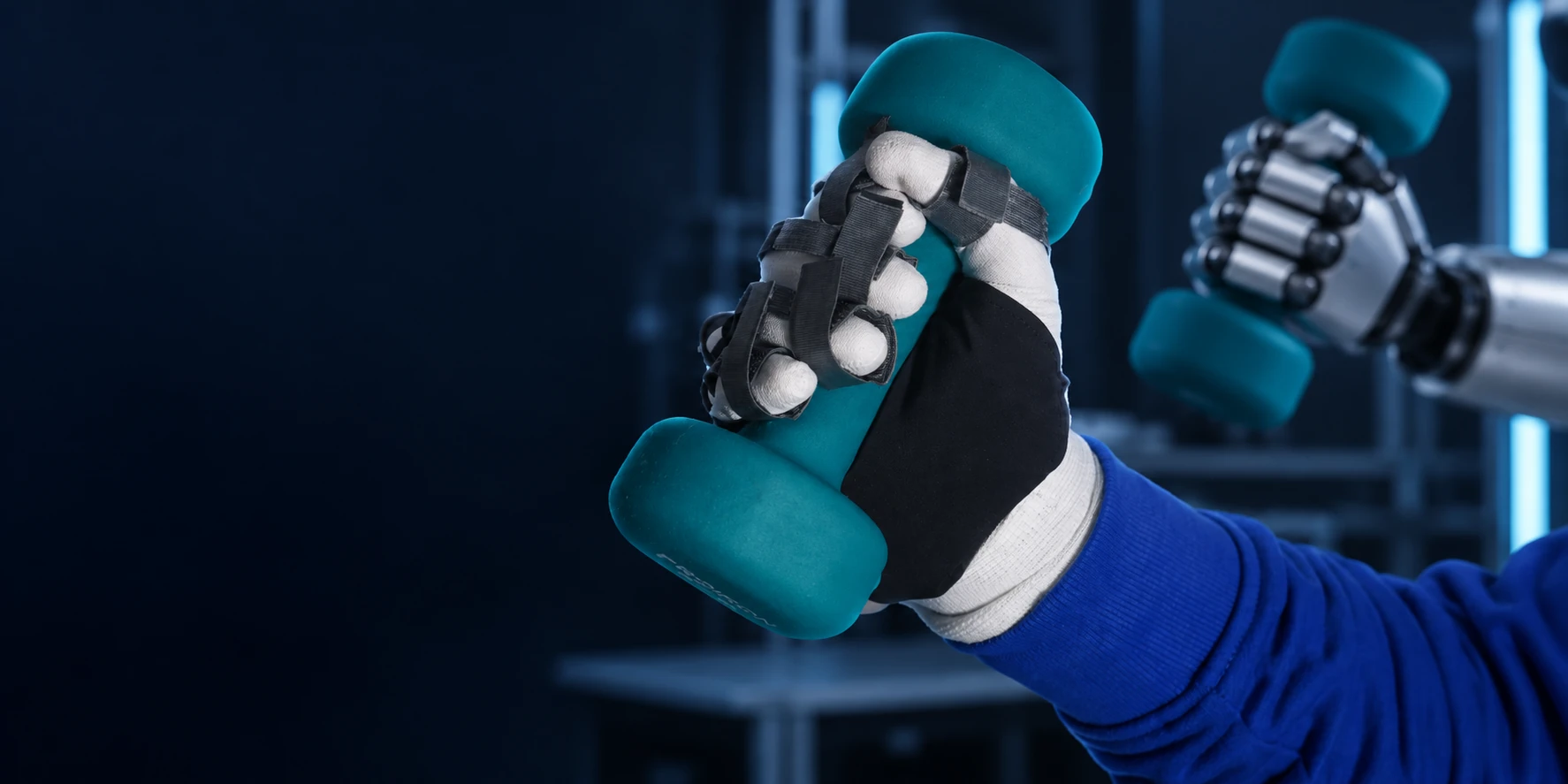 Physical AI concept: a human hand using novel loadglove, with a robotic hand performing a similar grasp