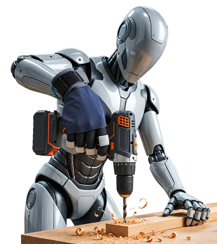 Humanoid robot wearing loadglove while operating a drill — Physical AI research illustration
