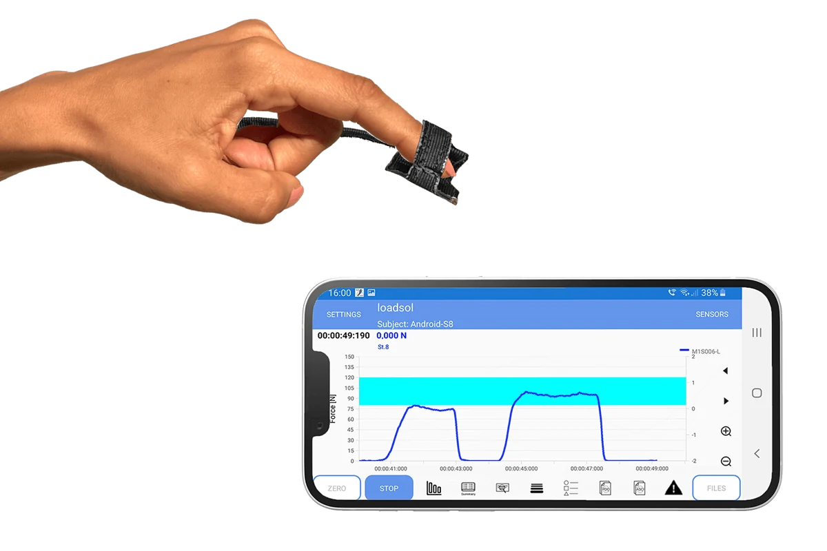 buttonsens textile sensor on a fingertip with a phone displaying measured force over time