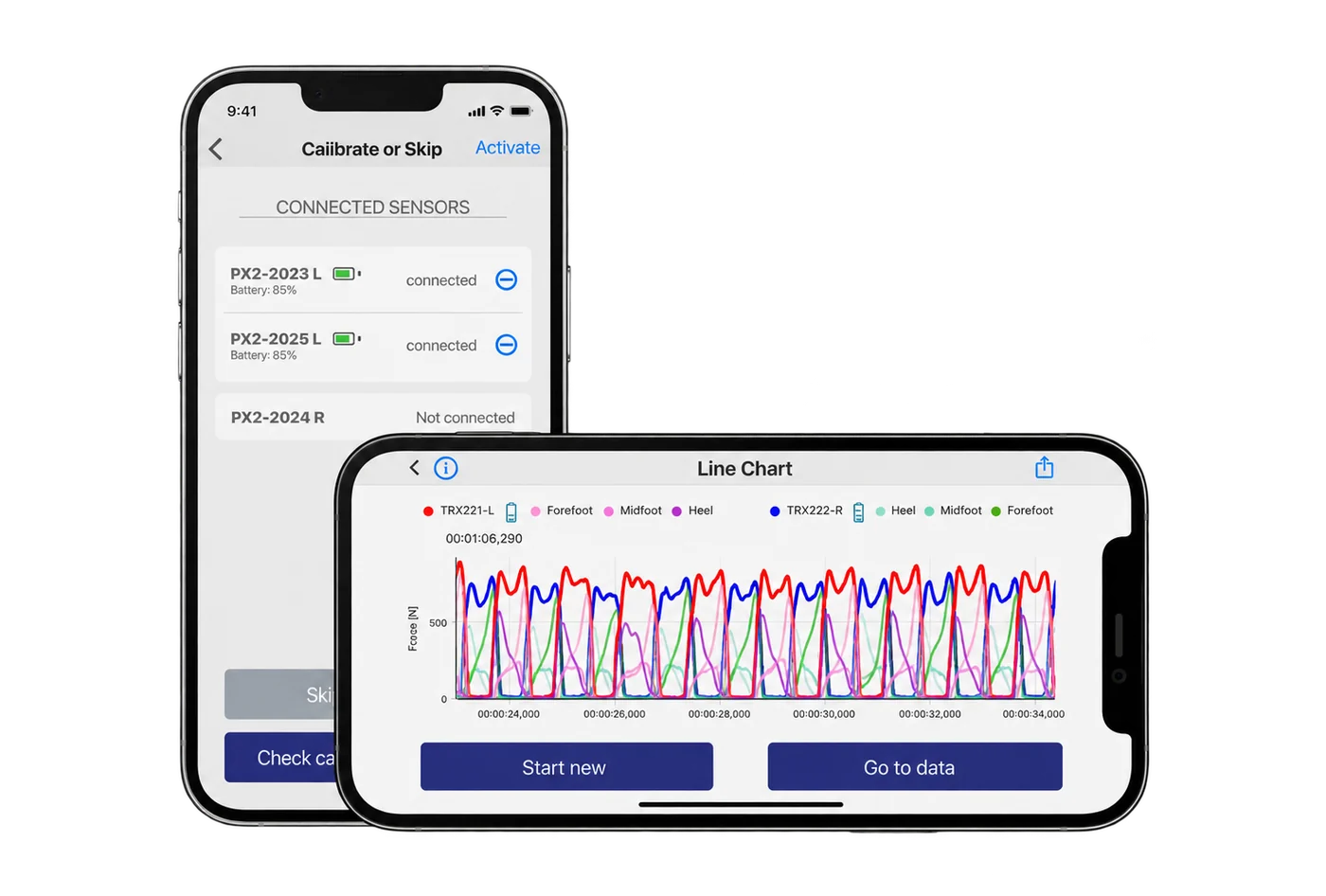 loadapp sensor connection and real-time force graphs displayed on two smartphones