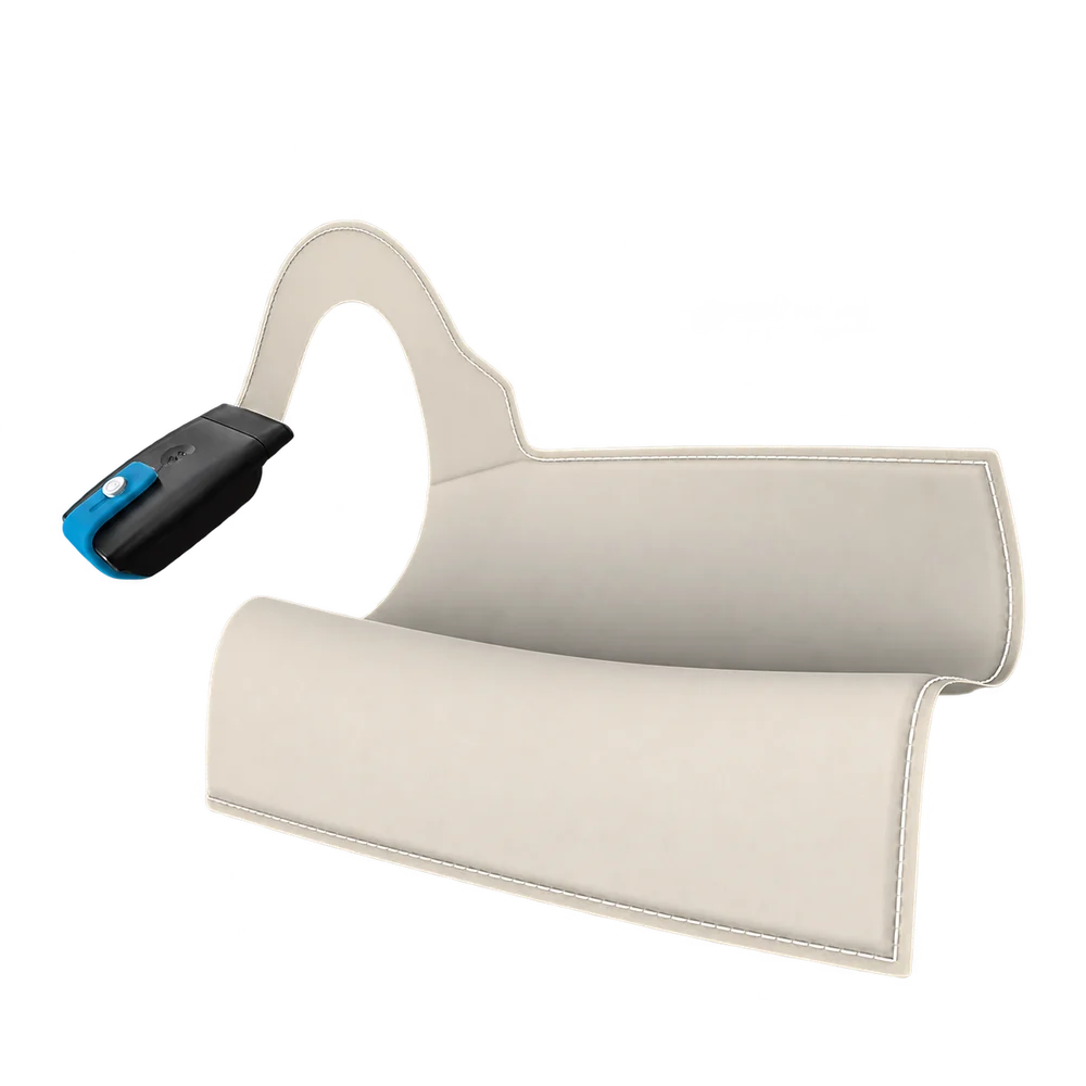 Flexible cream loadpad force sensor connected to the new black electronics with cyan retaining loop