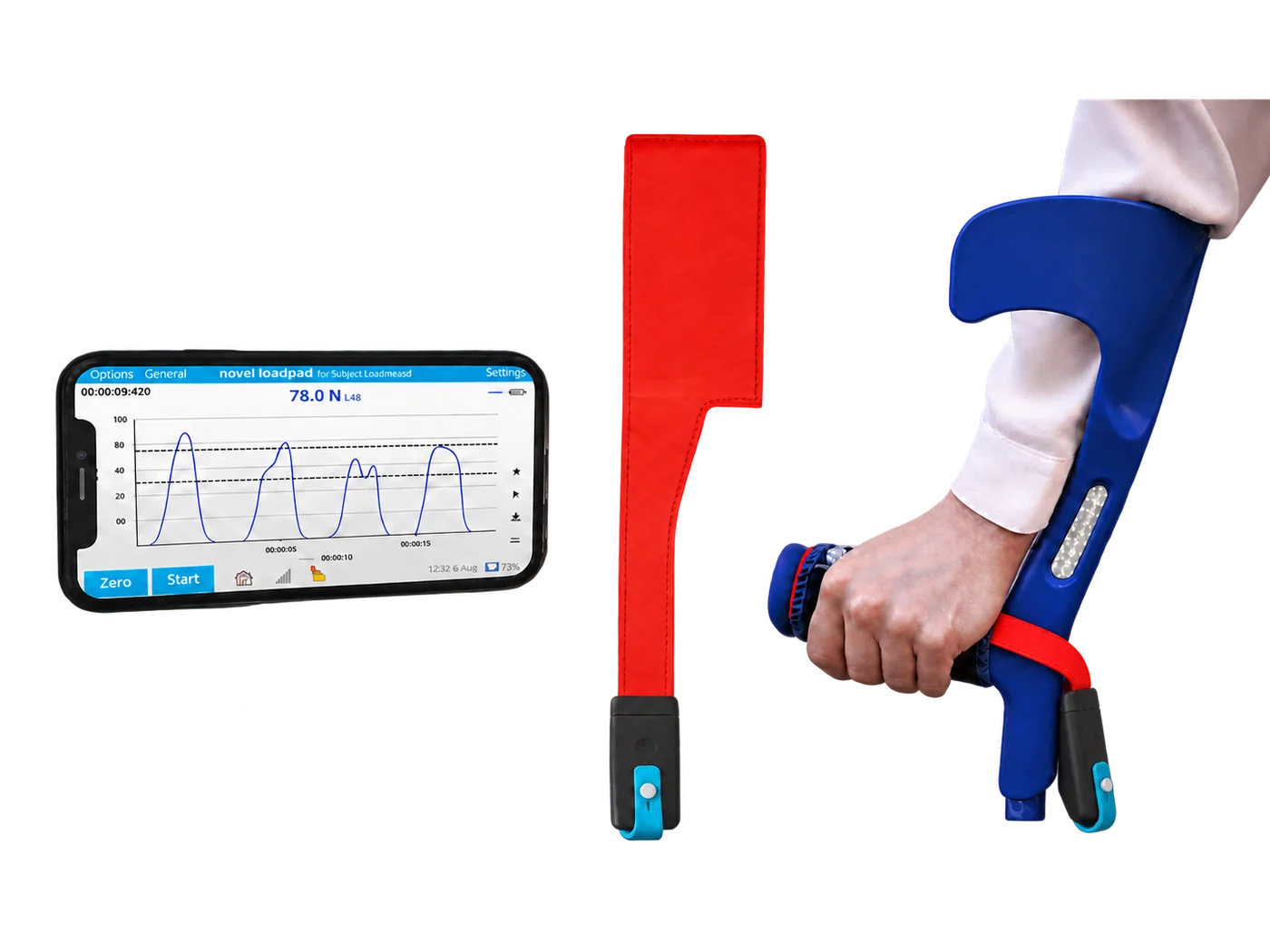 loadpad red force sensor with new black and cyan electronics, smartphone force graph and crutch application