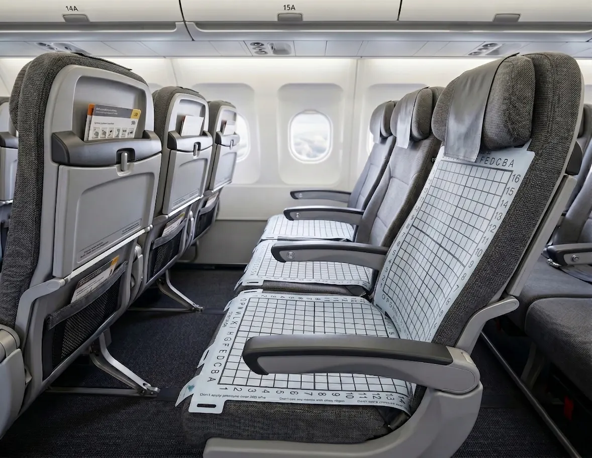 Aircraft cabin with pliance pressure sensor mats on the seat cushions and backrest