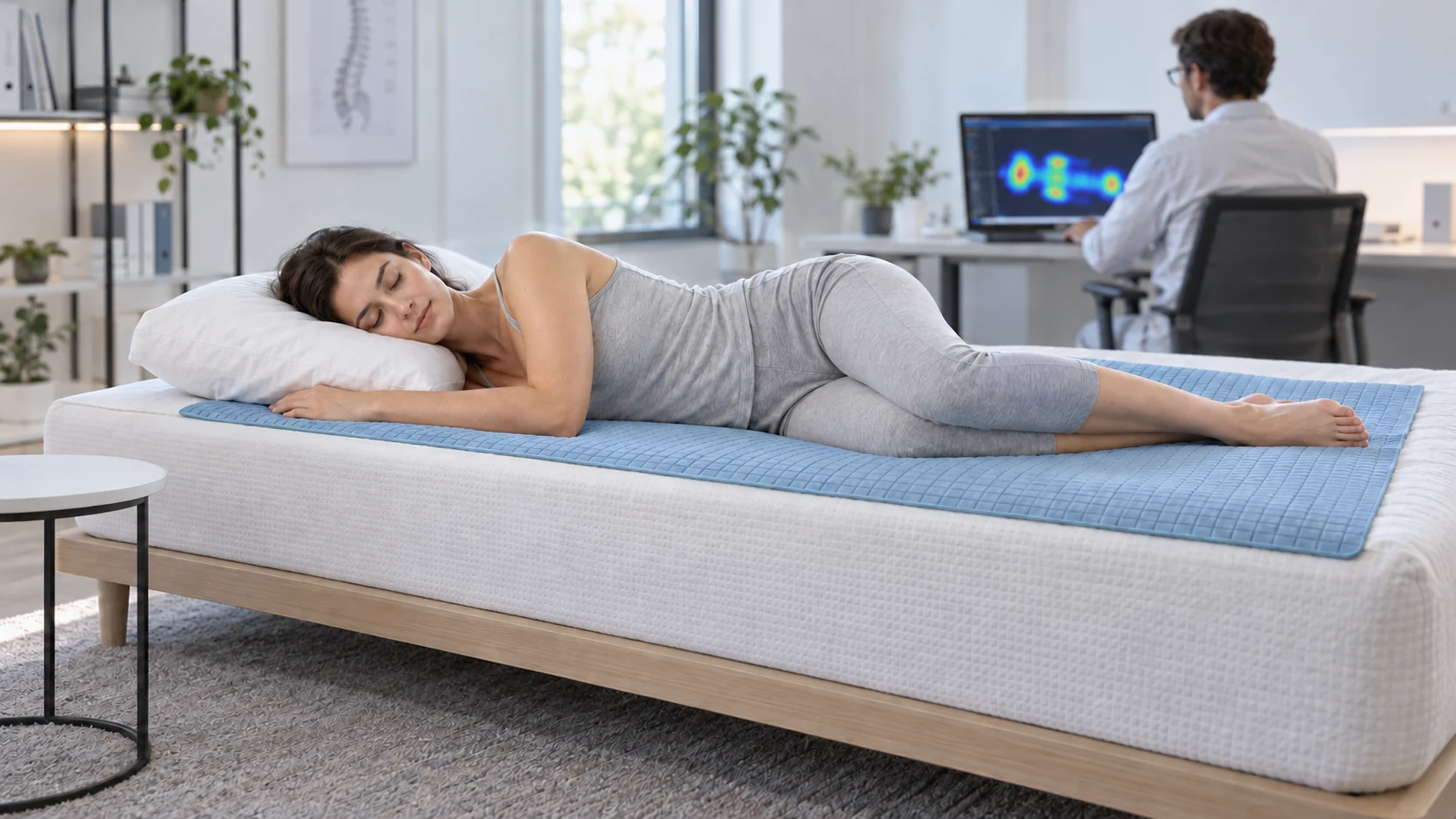 Illustrative mattress pressure-mapping study with a person lying on a blue sensor mat and a researcher viewing the pressure map
