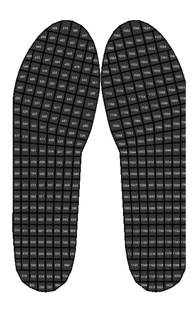 Numbered sensor cells arranged across the two foot outlines.
