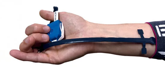 texsens sensor beneath an arm garment, connected to the handheld loadpad electronics